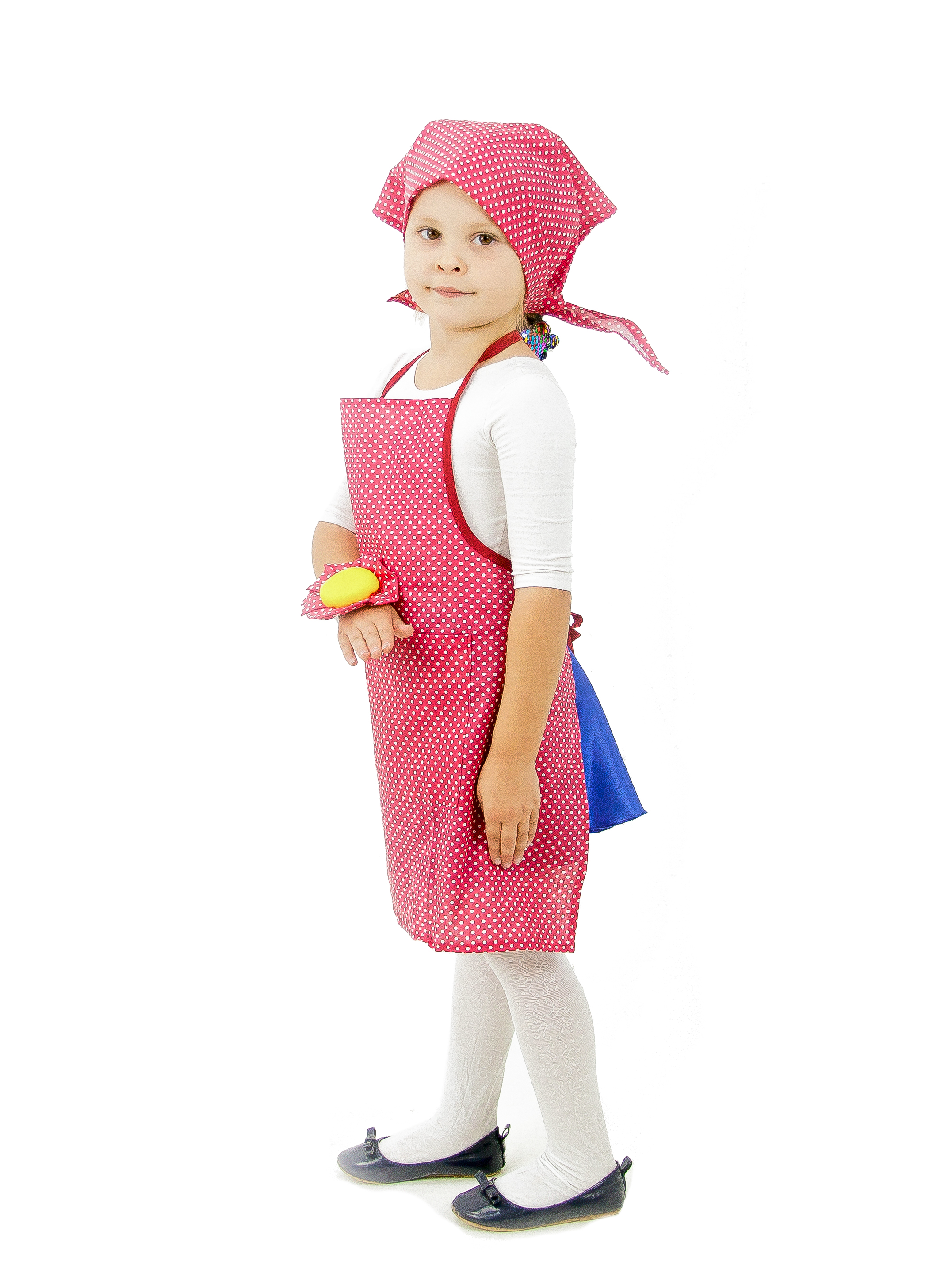 Seamstress (apron + headscarf + pincushion worn on a hand)